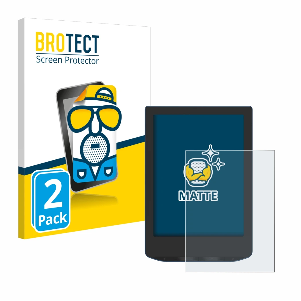 Parte frontal de un envase de producto con el logotipo de la marca BROTECT. Al lado se muestra el dispositivo PocketBook Verse