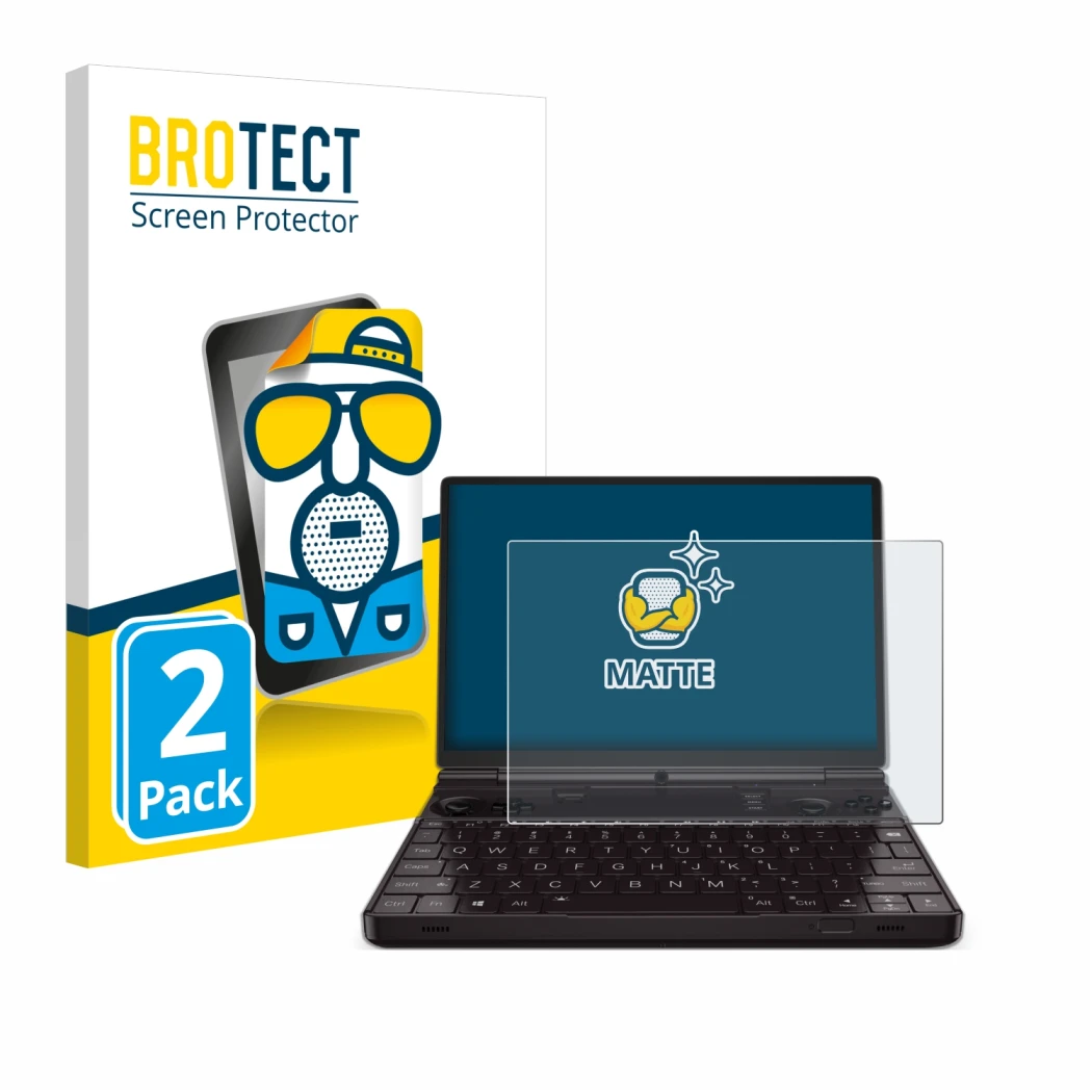 Parte frontal de un envase de producto con el logotipo de la marca BROTECT. Al lado se muestra el dispositivo GPD Win Max 2 20