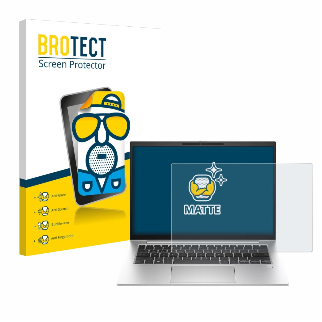 Parte frontal de un envase de producto con el logotipo de la marca BROTECT. Al lado se muestra el dispositivo HP EliteBook 840