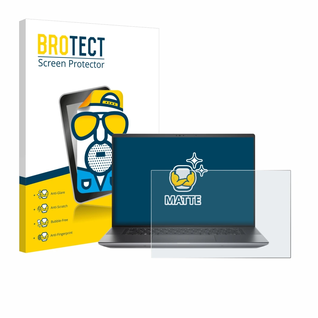 Parte frontal de un envase de producto con el logotipo de la marca BROTECT. Al lado se muestra el dispositivo Dell Precision 5