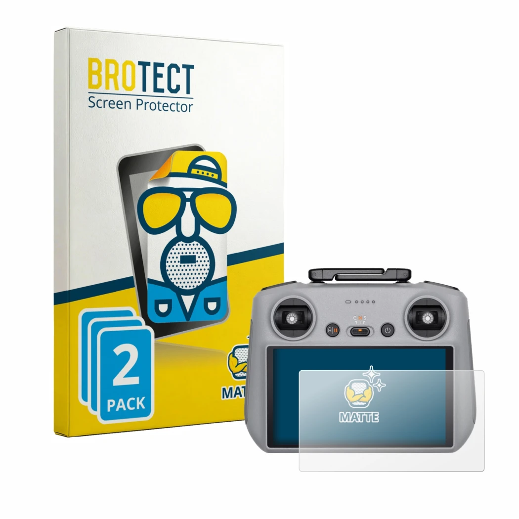 Parte frontal de un envase de producto con el logotipo de la marca BROTECT. Al lado se muestra el dispositivo DJI RC 2 con su