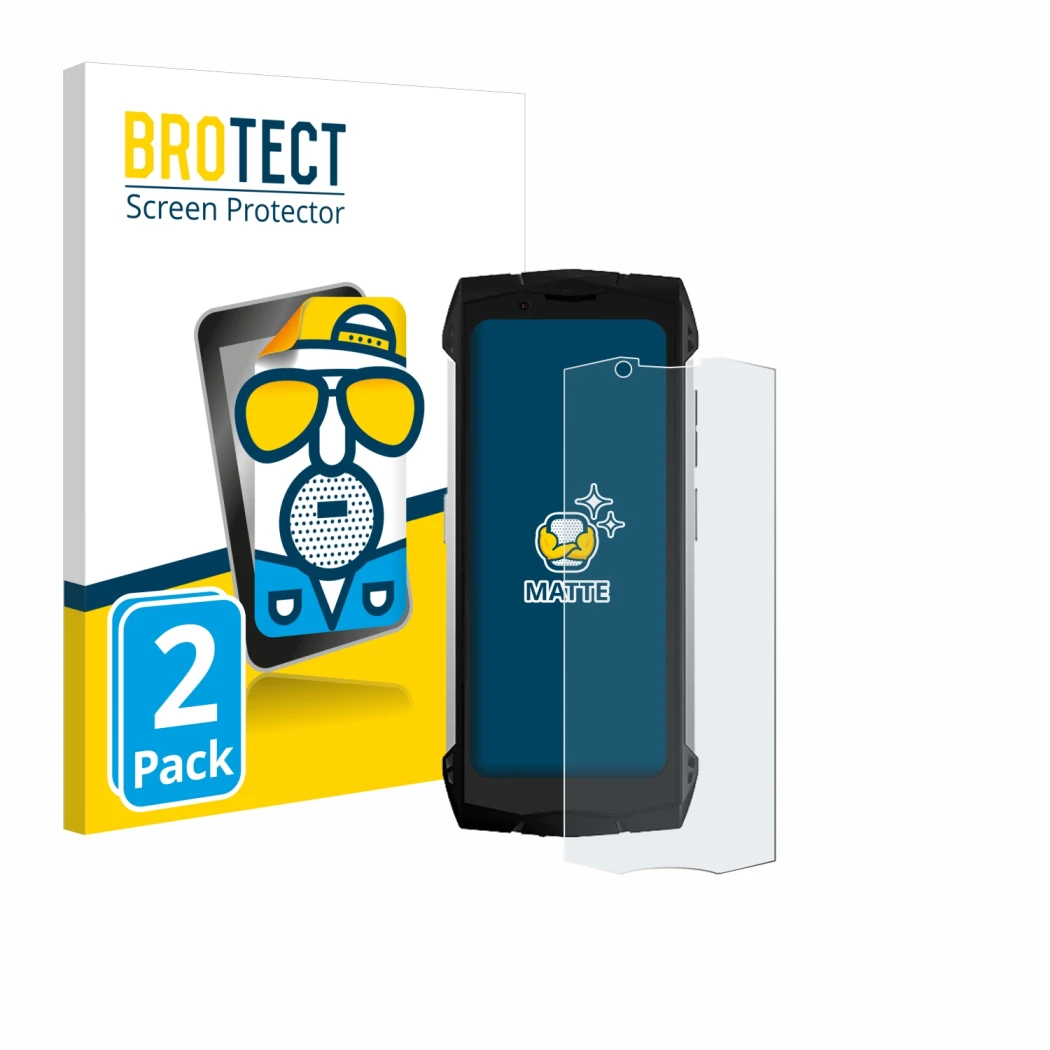Parte frontal de un envase de producto con el logotipo de la marca BROTECT. Al lado se muestra el dispositivo Doogee S Mini co