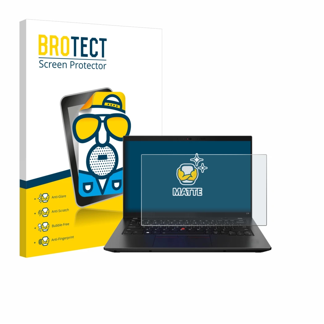 Parte frontal de un envase de producto con el logotipo de la marca BROTECT. Al lado se muestra el dispositivo Lenovo ThinkPad