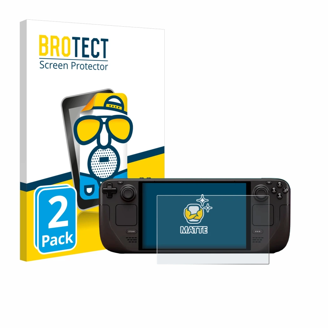 Parte frontal de un envase de producto con el logotipo de la marca BROTECT. Al lado se muestra el dispositivo Valve Steam Deck