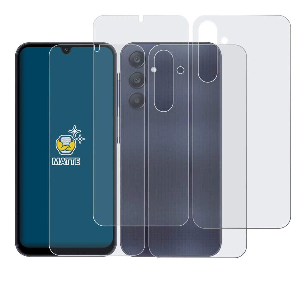 Imagen del dispositivo Samsung Galaxy A25 5G (Frontal+Trasero) con una amplia variedad de protectores de pantalla.
