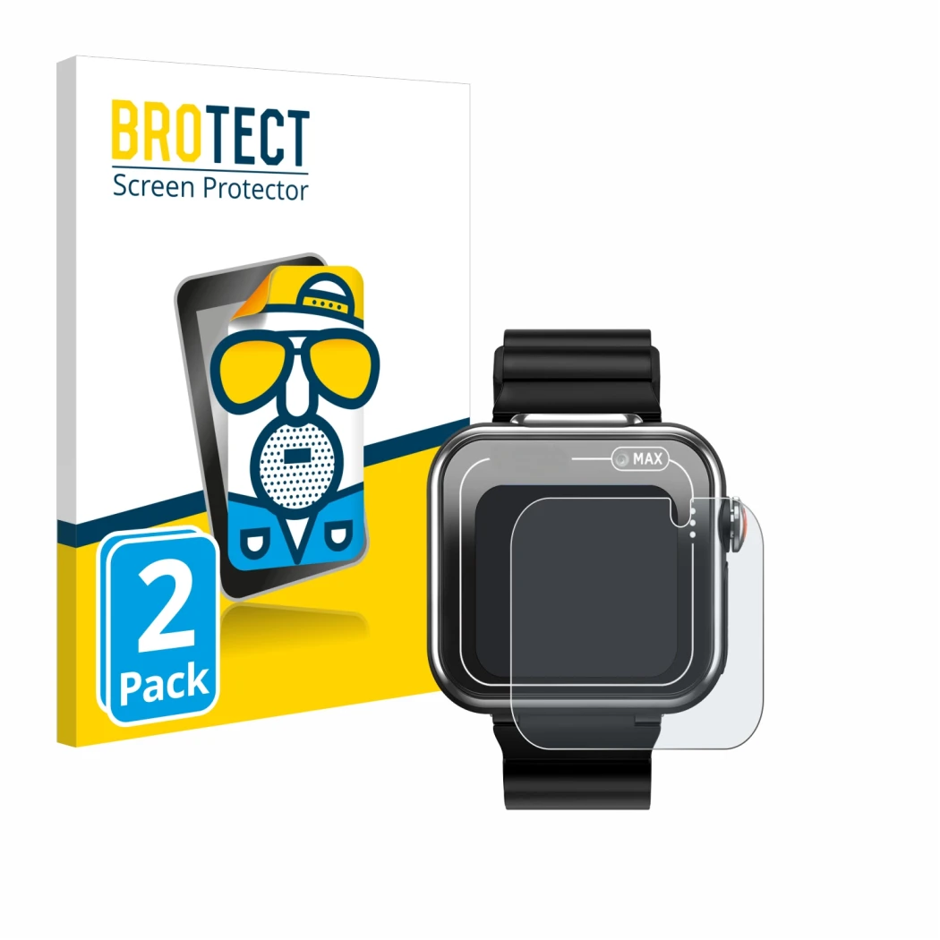 Parte frontal de un envase de producto con el logotipo de la marca BROTECT. Al lado se muestra el dispositivo Vtech Kidizoom S
