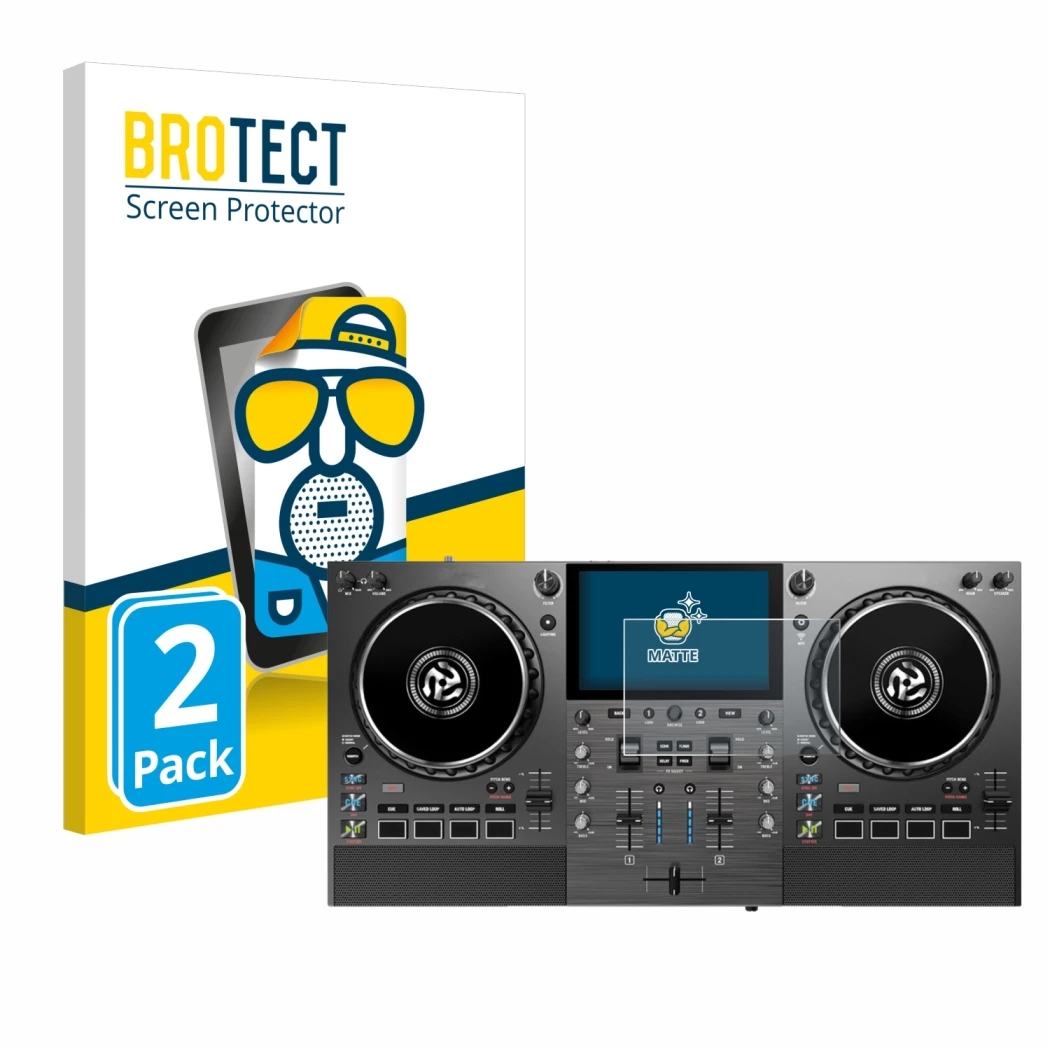 Parte frontal de un envase de producto con el logotipo de la marca BROTECT. Al lado se muestra el dispositivo Numark Mixstream
