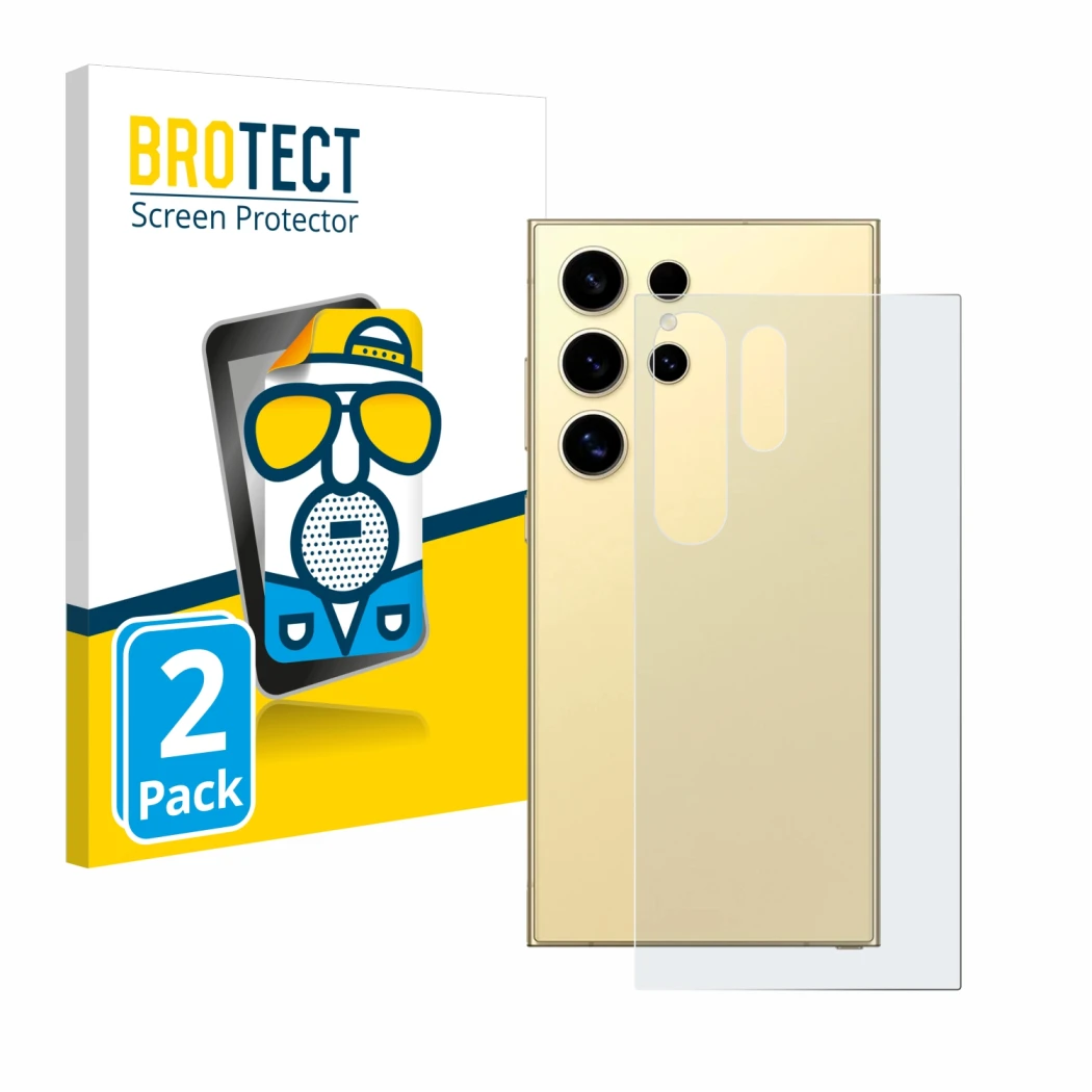 Parte frontal de un envase de producto con el logotipo de la marca BROTECT. Al lado se muestra el dispositivo Samsung Galaxy S