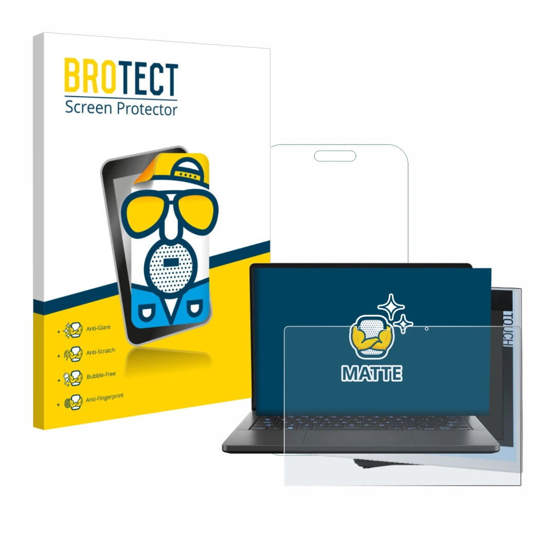 Parte frontal de un envase de producto con el logotipo de la marca BROTECT. Al lado se muestra el dispositivo ASUS ROG Zephyru