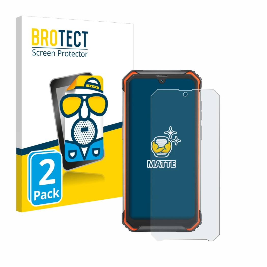 Parte frontal de un envase de producto con el logotipo de la marca BROTECT. Al lado se muestra el dispositivo Blackview BV7200