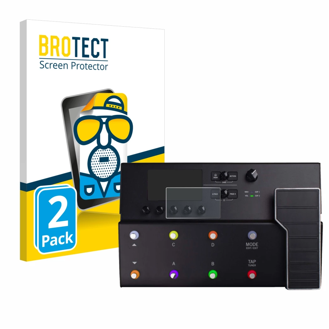 Parte frontal de un envase de producto con el logotipo de la marca BROTECT. Al lado se muestra el dispositivo Line 6 POD Go co
