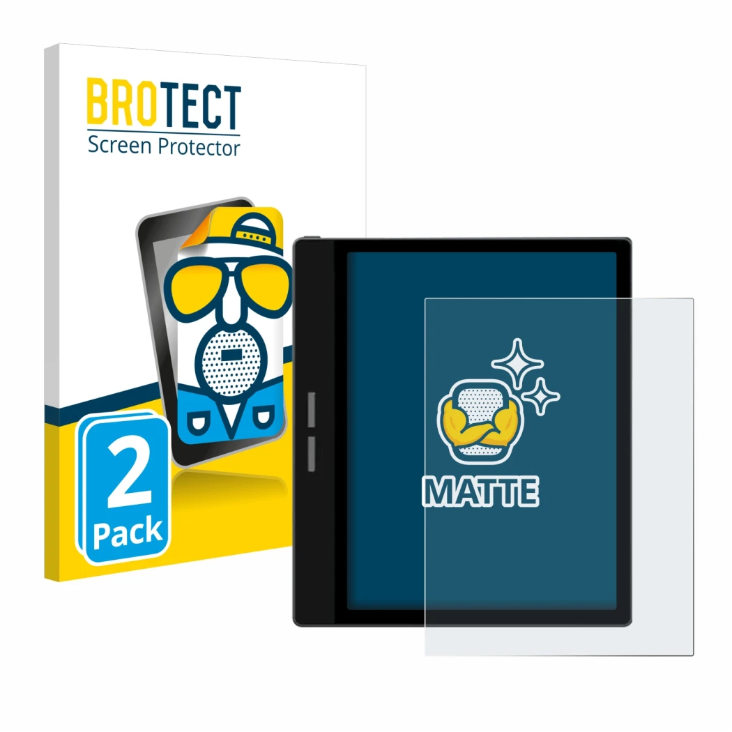 Parte frontal de un envase de producto con el logotipo de la marca BROTECT. Al lado se muestra el dispositivo Bigme B751C con