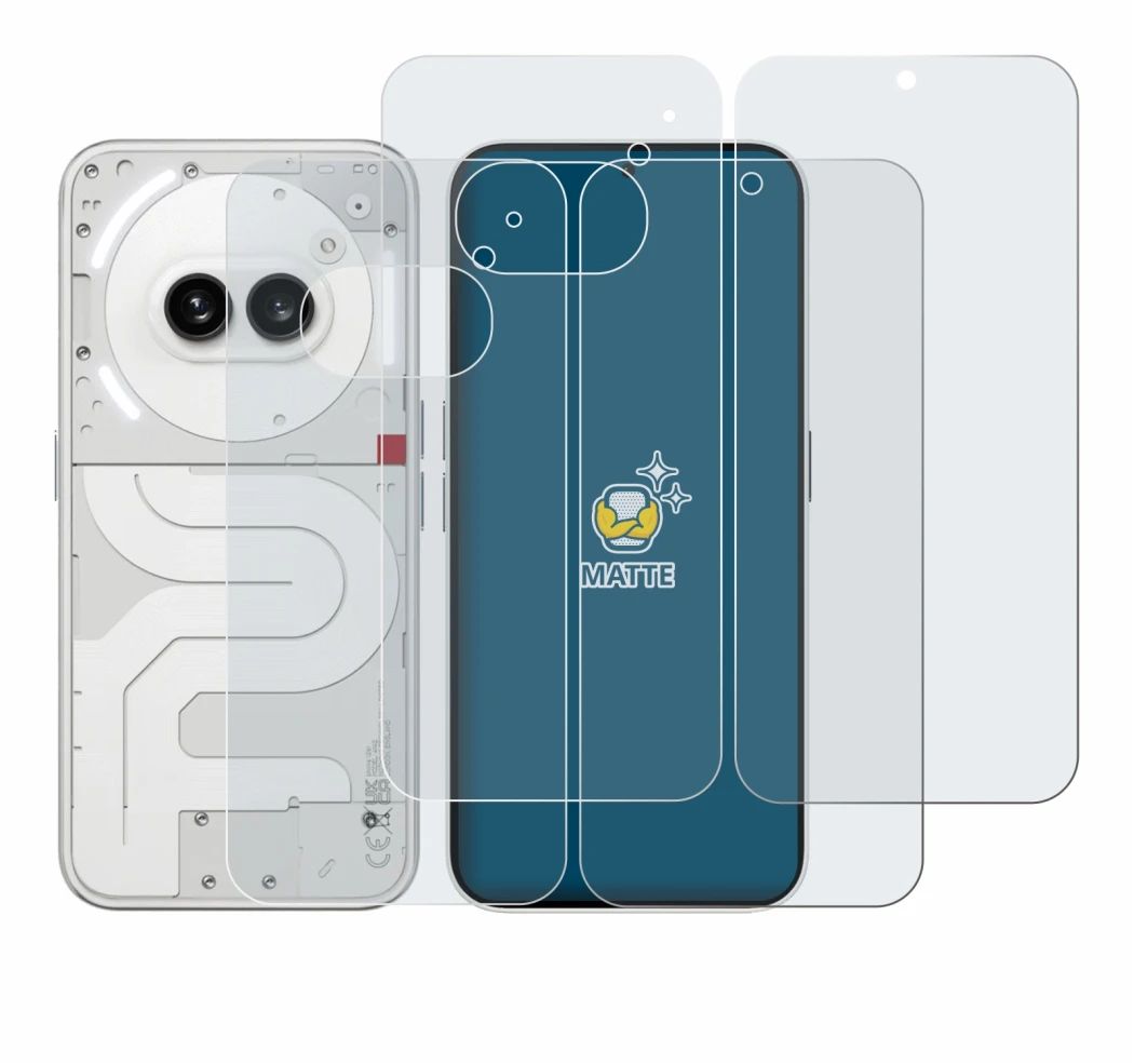 Imagen del dispositivo Nothing Phone (2a) (Frontal+Trasero) con una amplia variedad de protectores de pantalla.