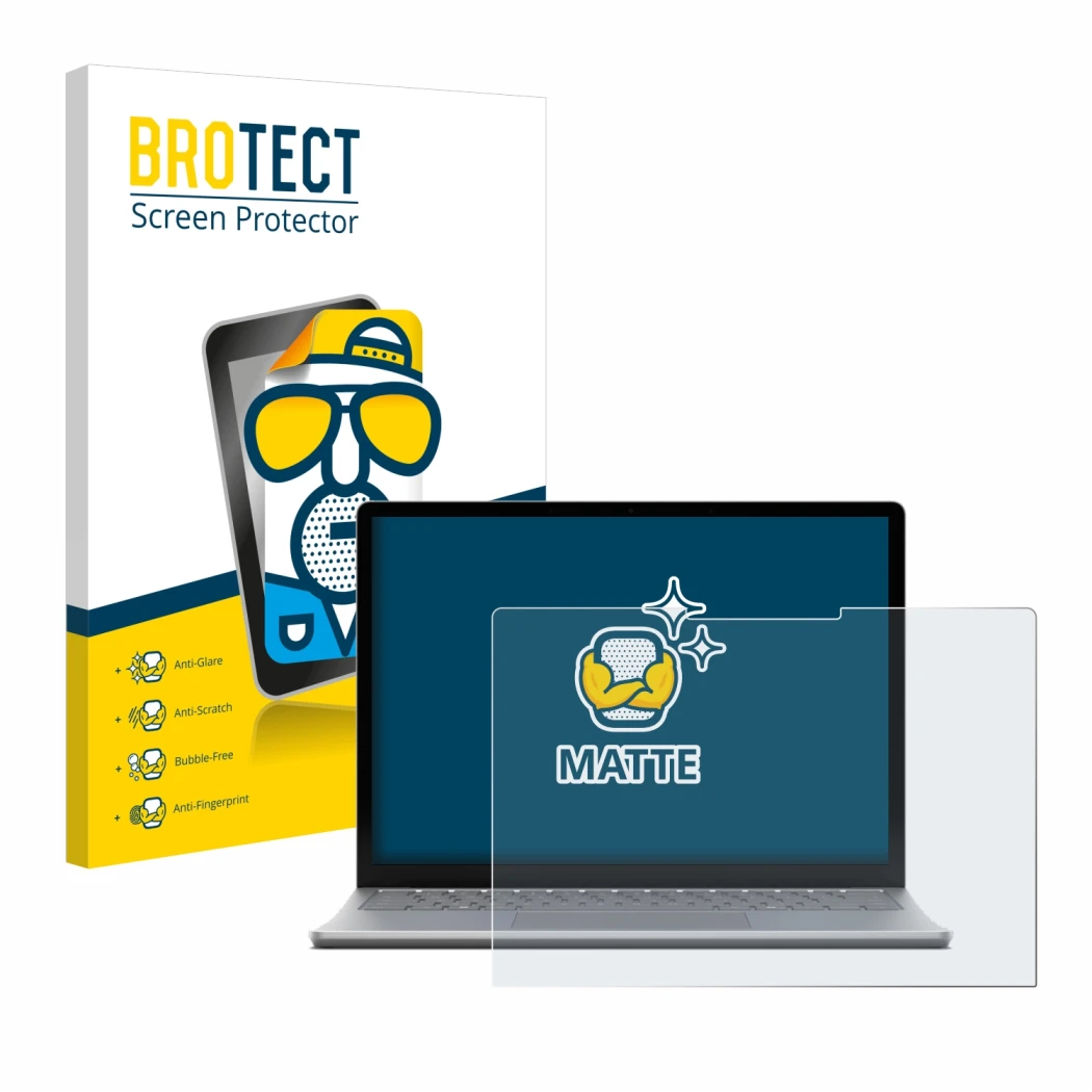 Parte frontal de un envase de producto con el logotipo de la marca BROTECT. Al lado se muestra el dispositivo Microsoft Surfac