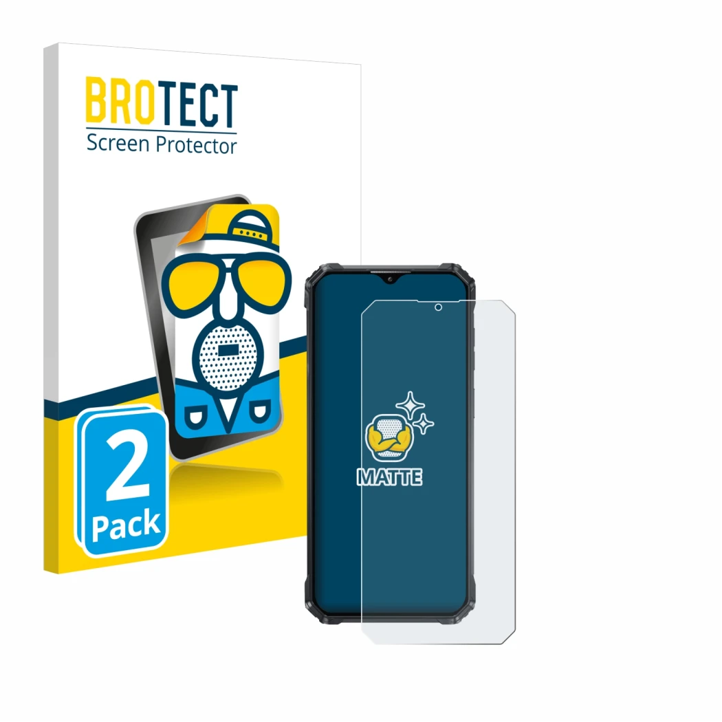 Parte frontal de un envase de producto con el logotipo de la marca BROTECT. Al lado se muestra el dispositivo Oukitel WP36 con