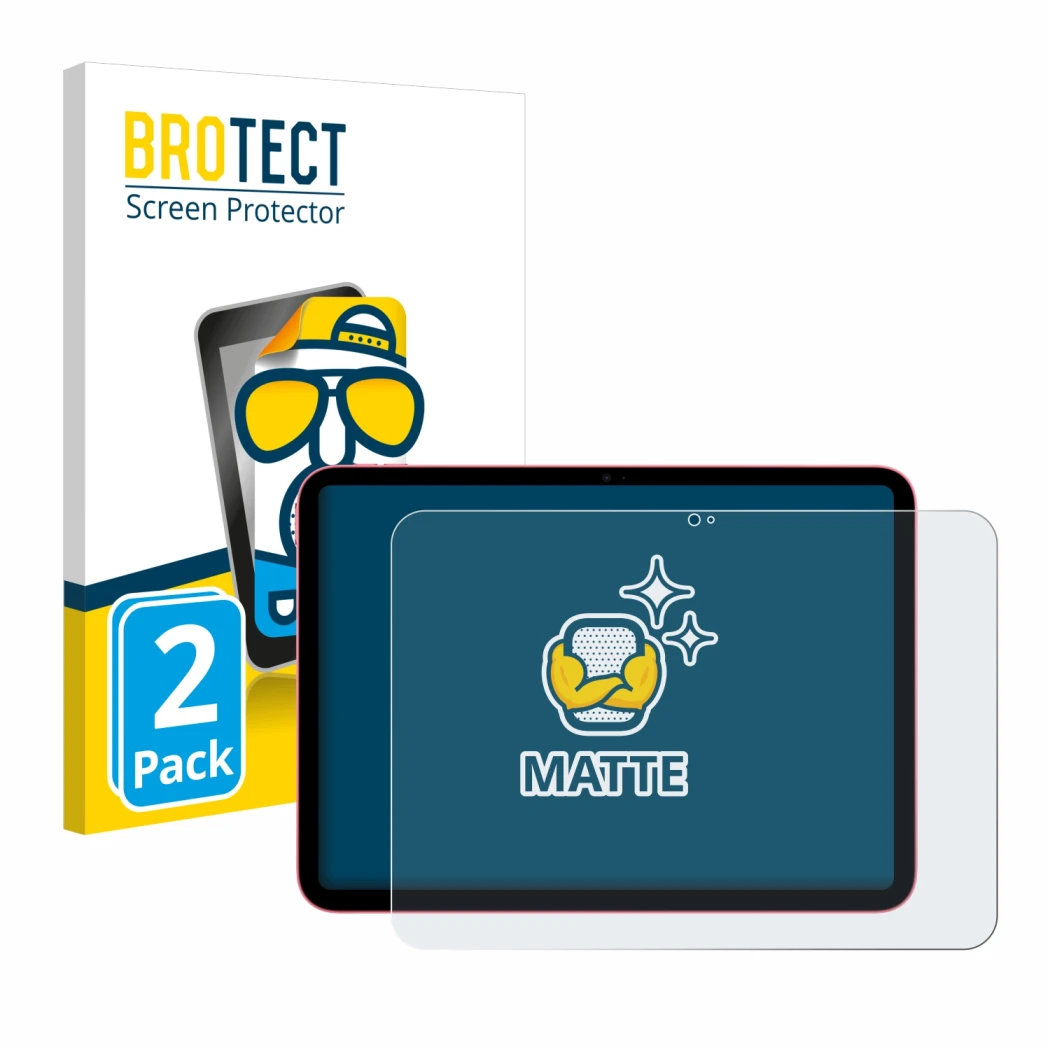 Parte frontal de un envase de producto con el logotipo de la marca BROTECT. Al lado se muestra el dispositivo Apple iPad 10.9