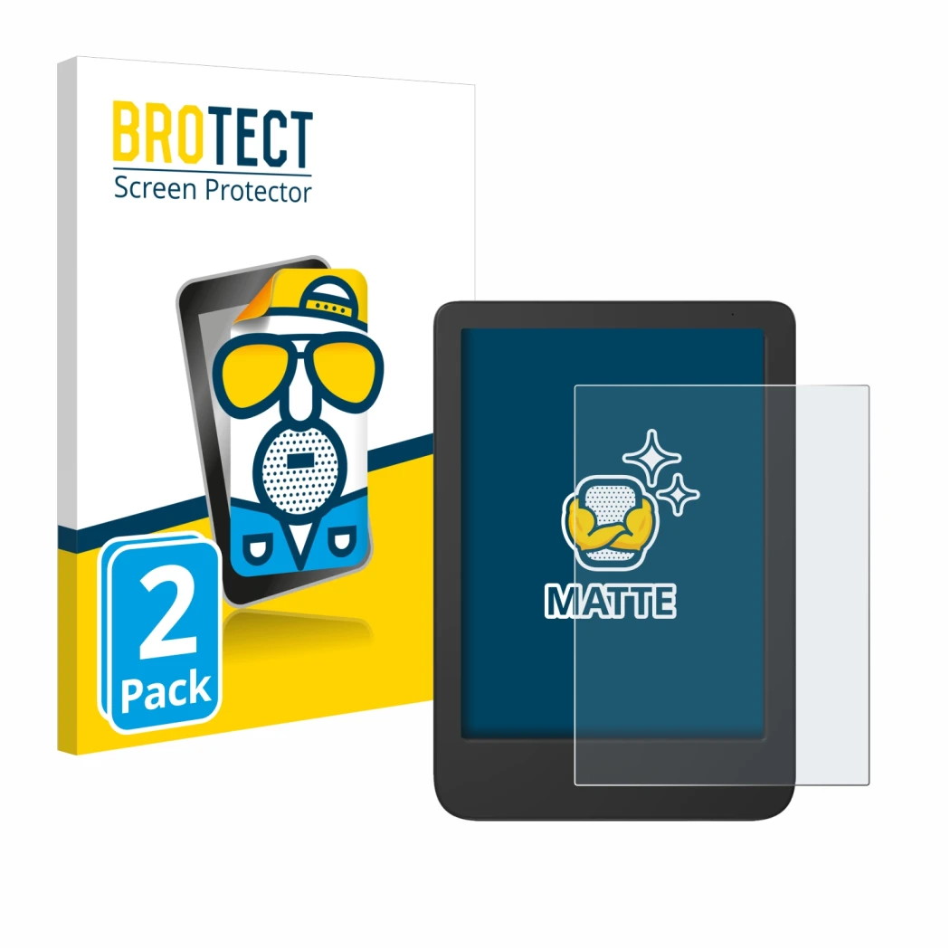 Parte frontal de un envase de producto con el logotipo de la marca BROTECT. Al lado se muestra el dispositivo Tolino Shine 5 C