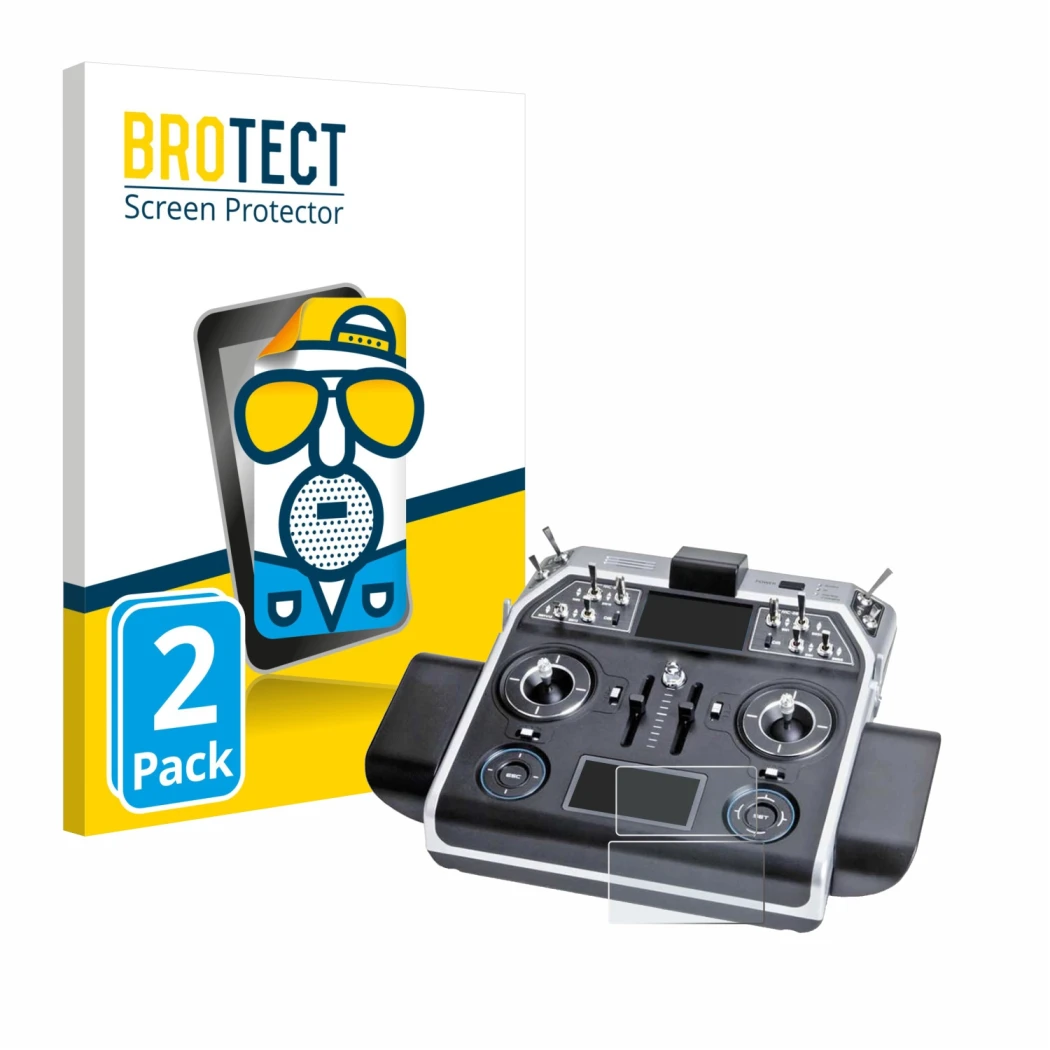 Parte frontal de un envase de producto con el logotipo de la marca BROTECT. Al lado se muestra el dispositivo Graupner MC-28 c