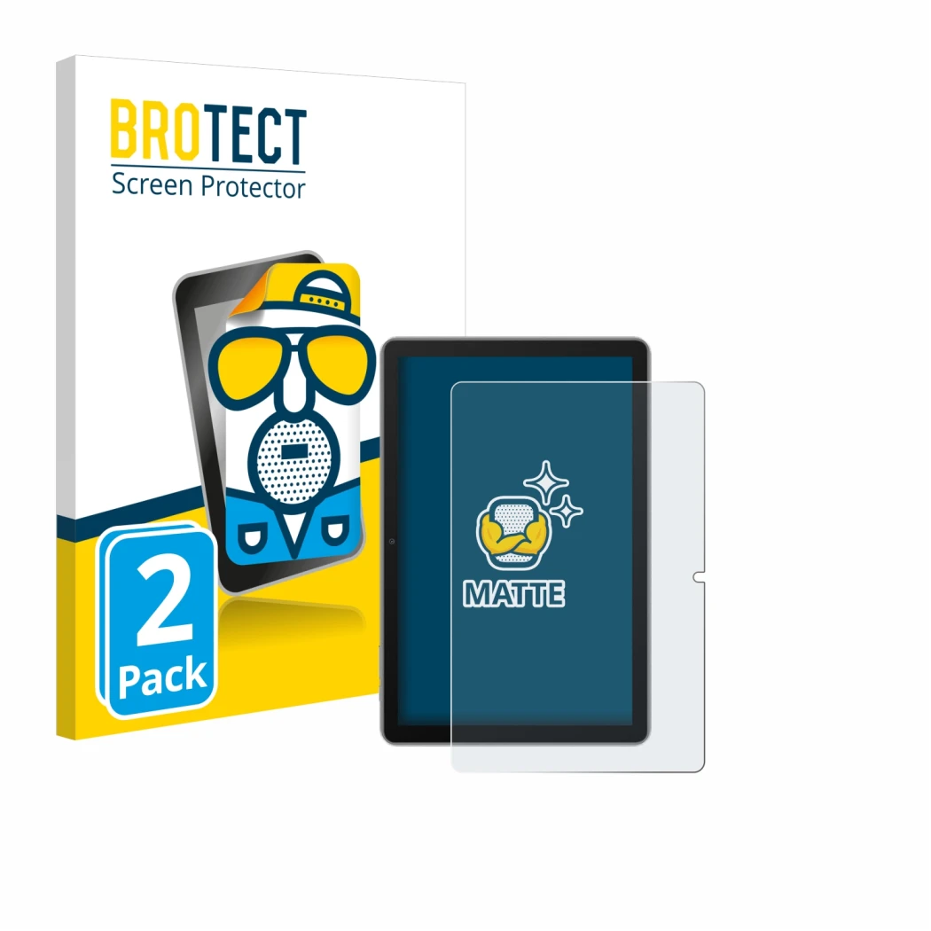 Parte frontal de un envase de producto con el logotipo de la marca BROTECT. Al lado se muestra el dispositivo Blackview Tab 70