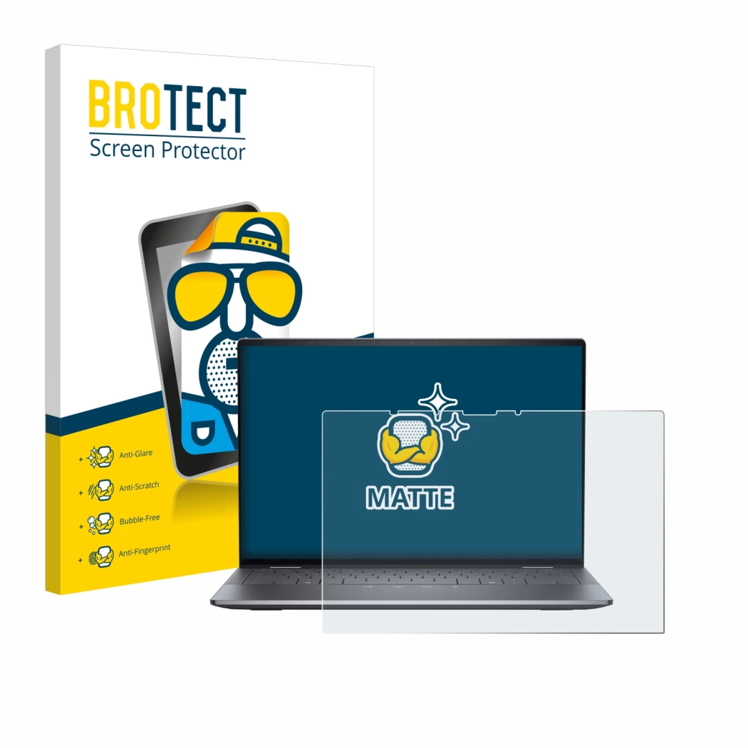 Parte frontal de un envase de producto con el logotipo de la marca BROTECT. Al lado se muestra el dispositivo Dell Latitude 94