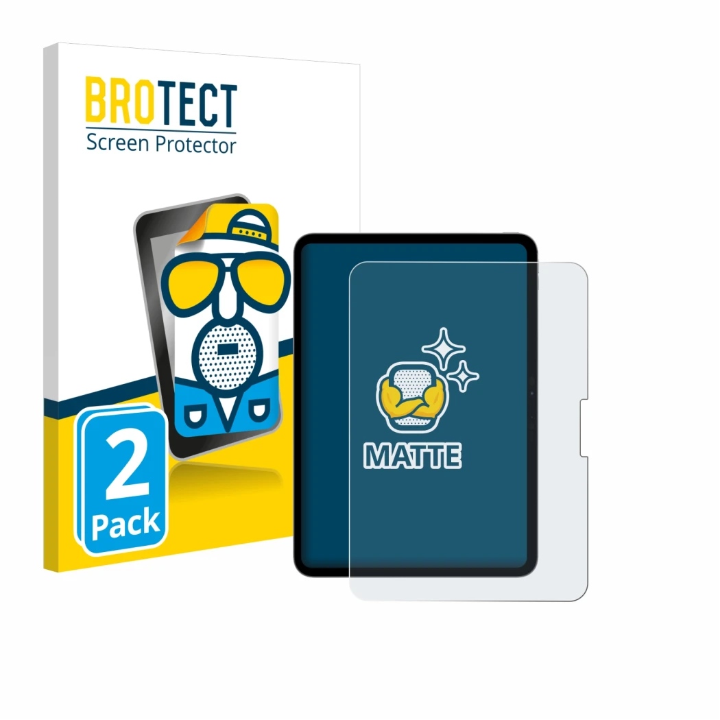 Parte frontal de un envase de producto con el logotipo de la marca BROTECT. Al lado se muestra el dispositivo Apple iPad Pro 1