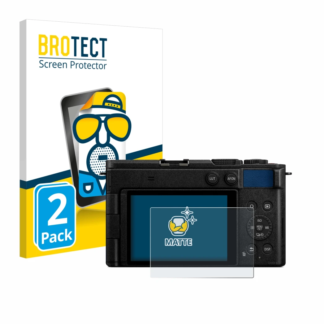 Parte frontal de un envase de producto con el logotipo de la marca BROTECT. Al lado se muestra el dispositivo Panasonic Lumix