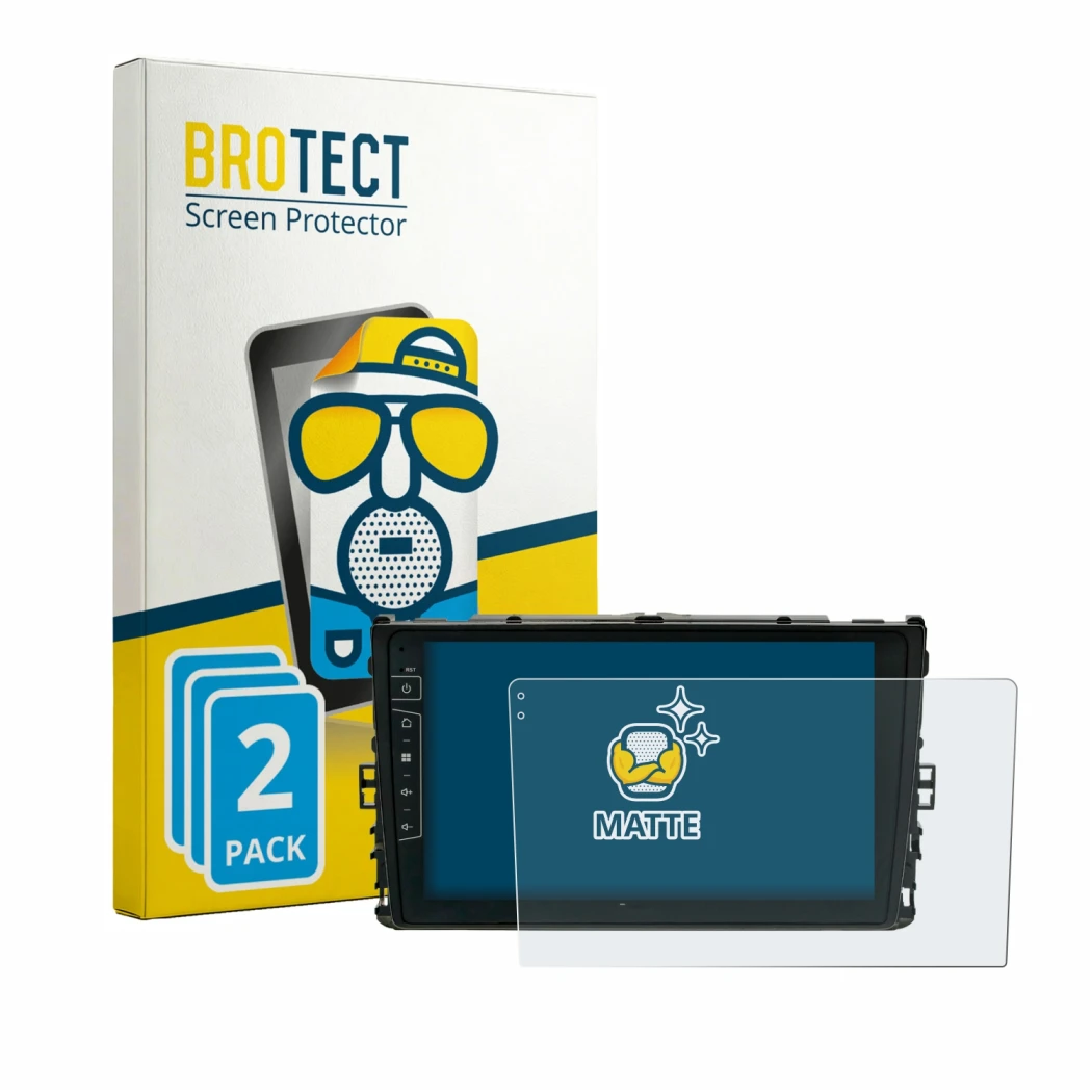 Parte frontal de un envase de producto con el logotipo de la marca BROTECT. Al lado se muestra el dispositivo Dynavin D9-T6 co