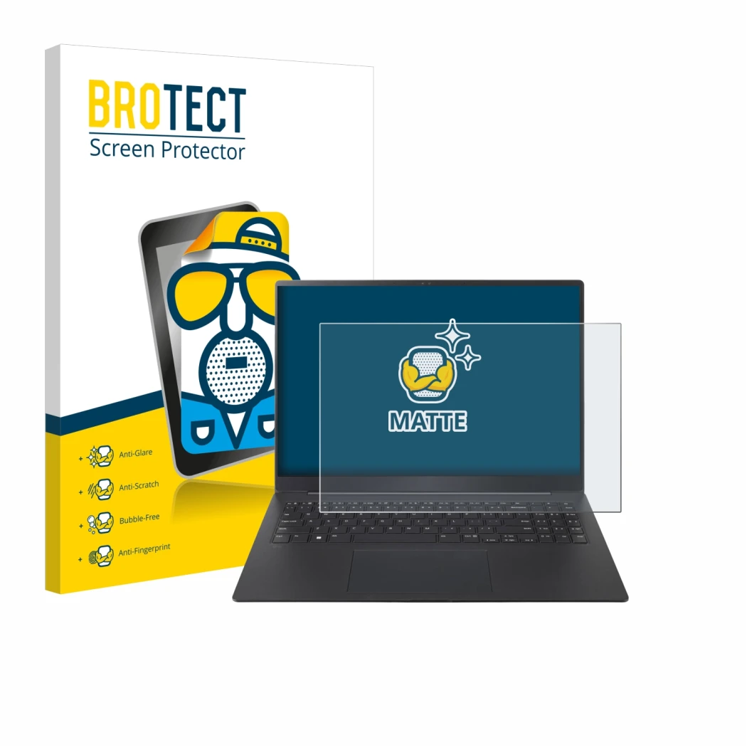 Parte frontal de un envase de producto con el logotipo de la marca BROTECT. Al lado se muestra el dispositivo LG gram Pro 16 2