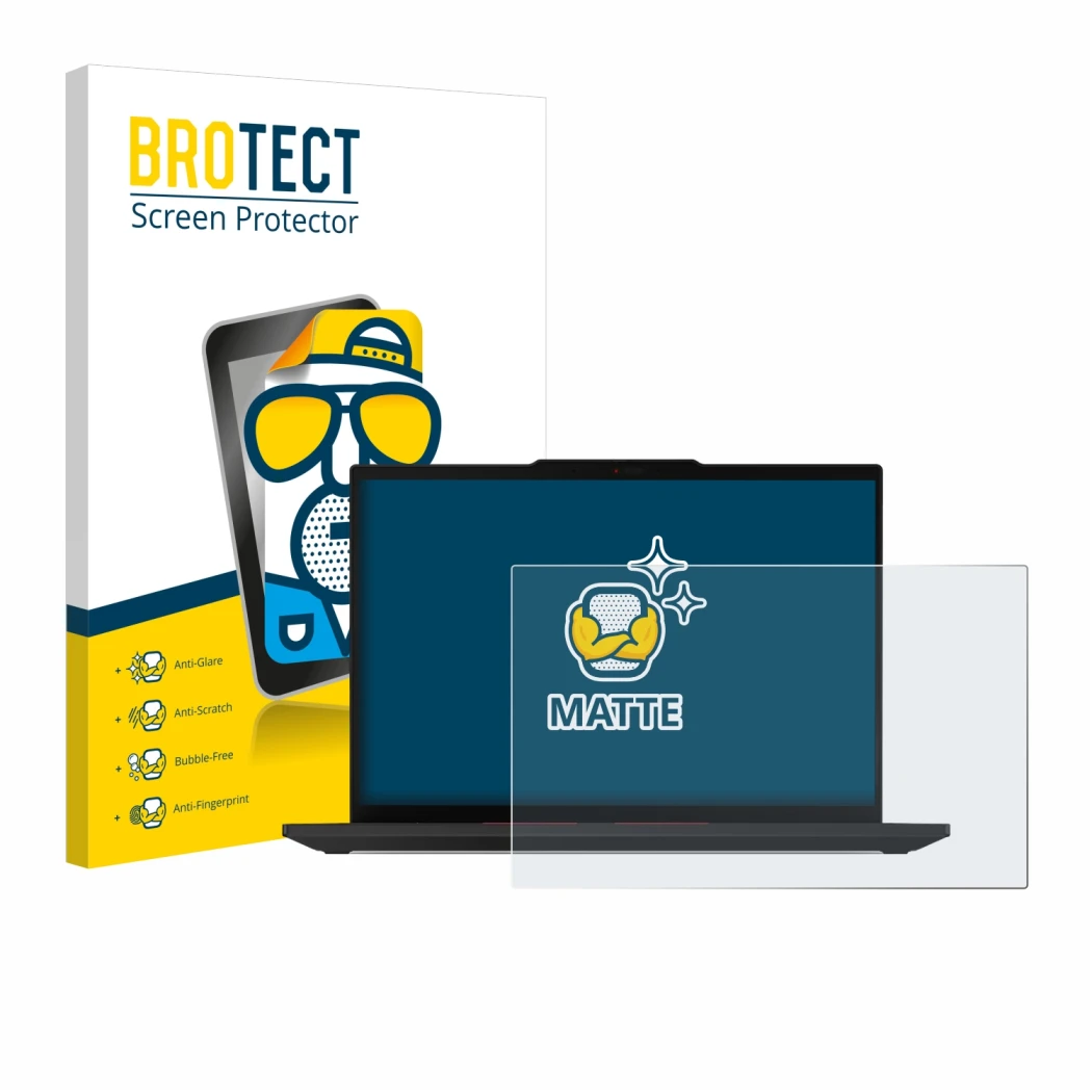 Parte frontal de un envase de producto con el logotipo de la marca BROTECT. Al lado se muestra el dispositivo Lenovo ThinkPad