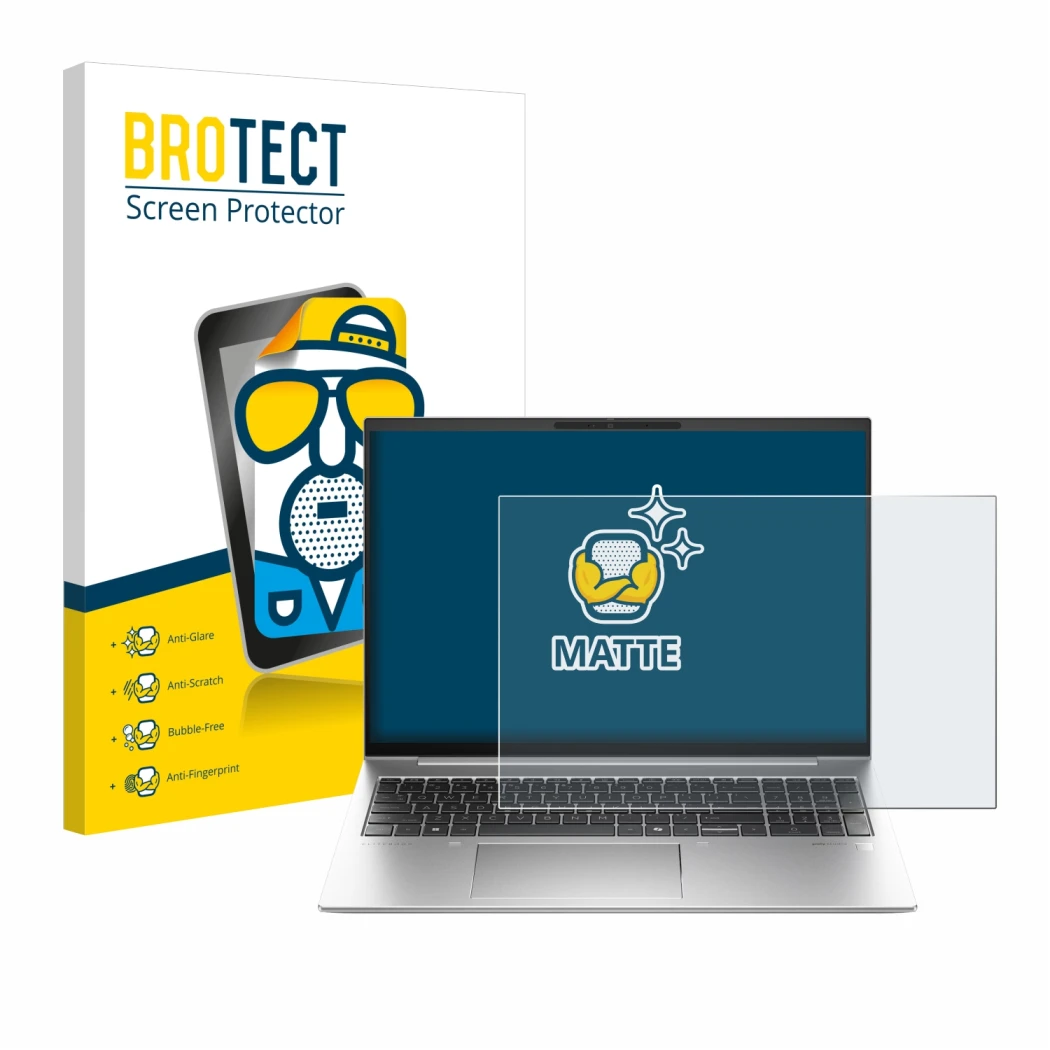 Parte frontal de un envase de producto con el logotipo de la marca BROTECT. Al lado se muestra el dispositivo HP EliteBook 860