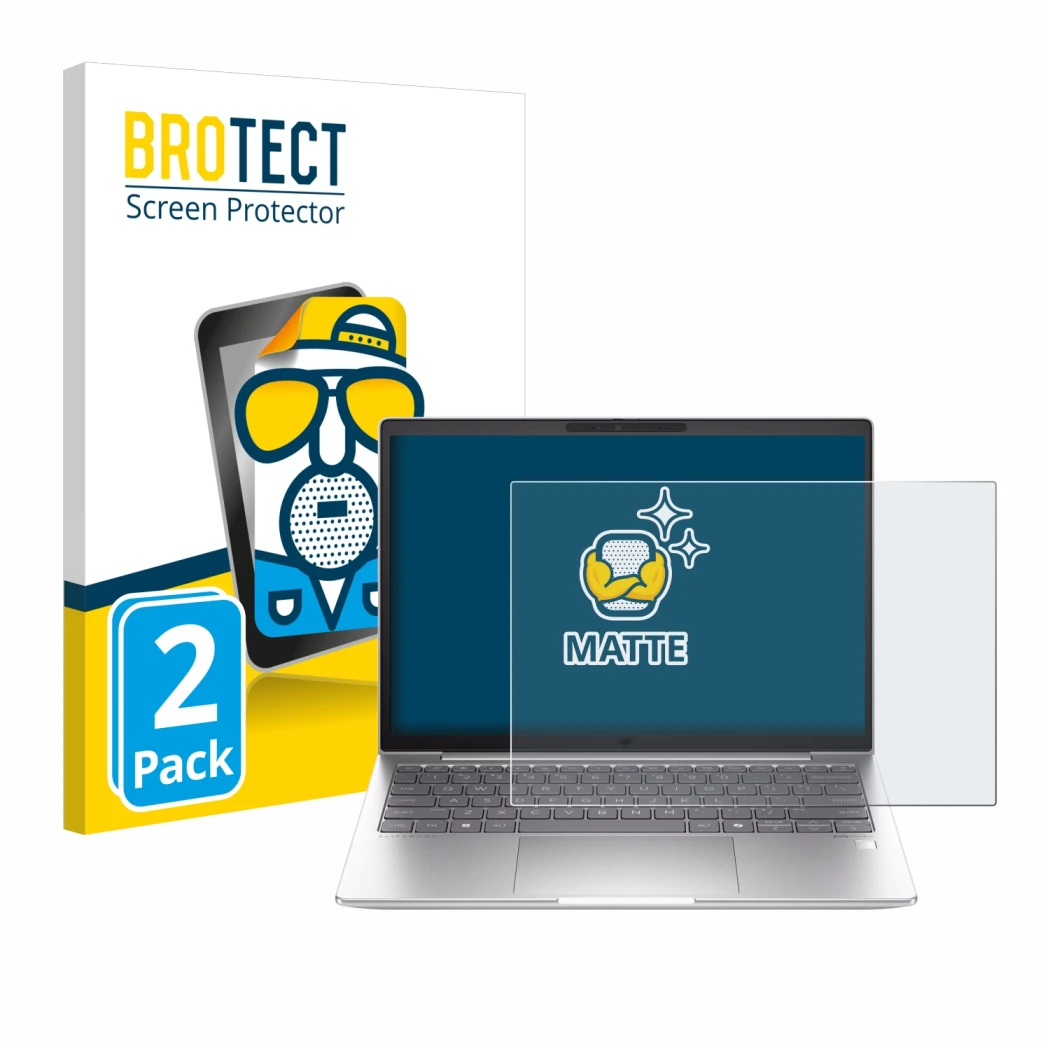 Parte frontal de un envase de producto con el logotipo de la marca BROTECT. Al lado se muestra el dispositivo HP EliteBook 630