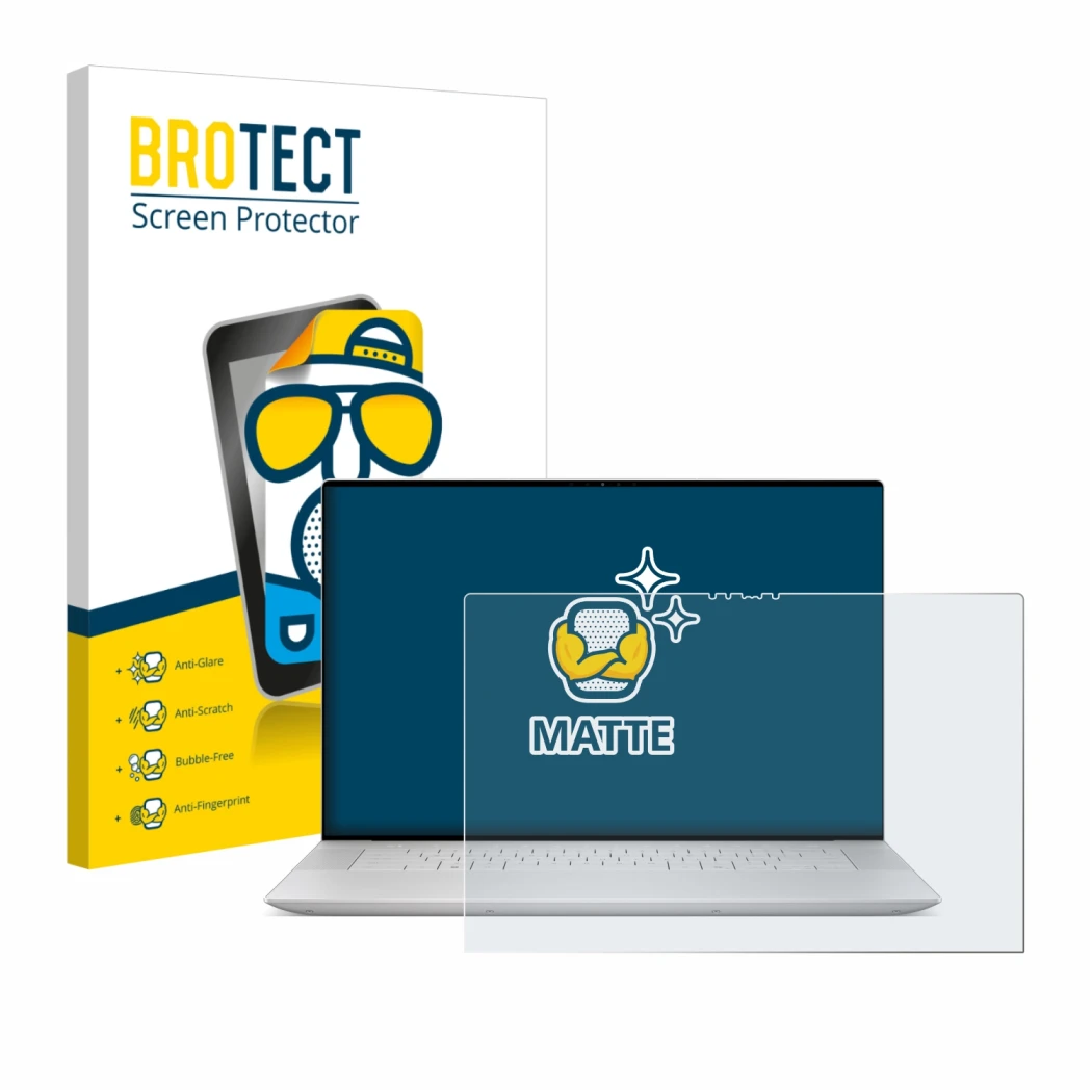 Parte frontal de un envase de producto con el logotipo de la marca BROTECT. Al lado se muestra el dispositivo Dell XPS 16 9640