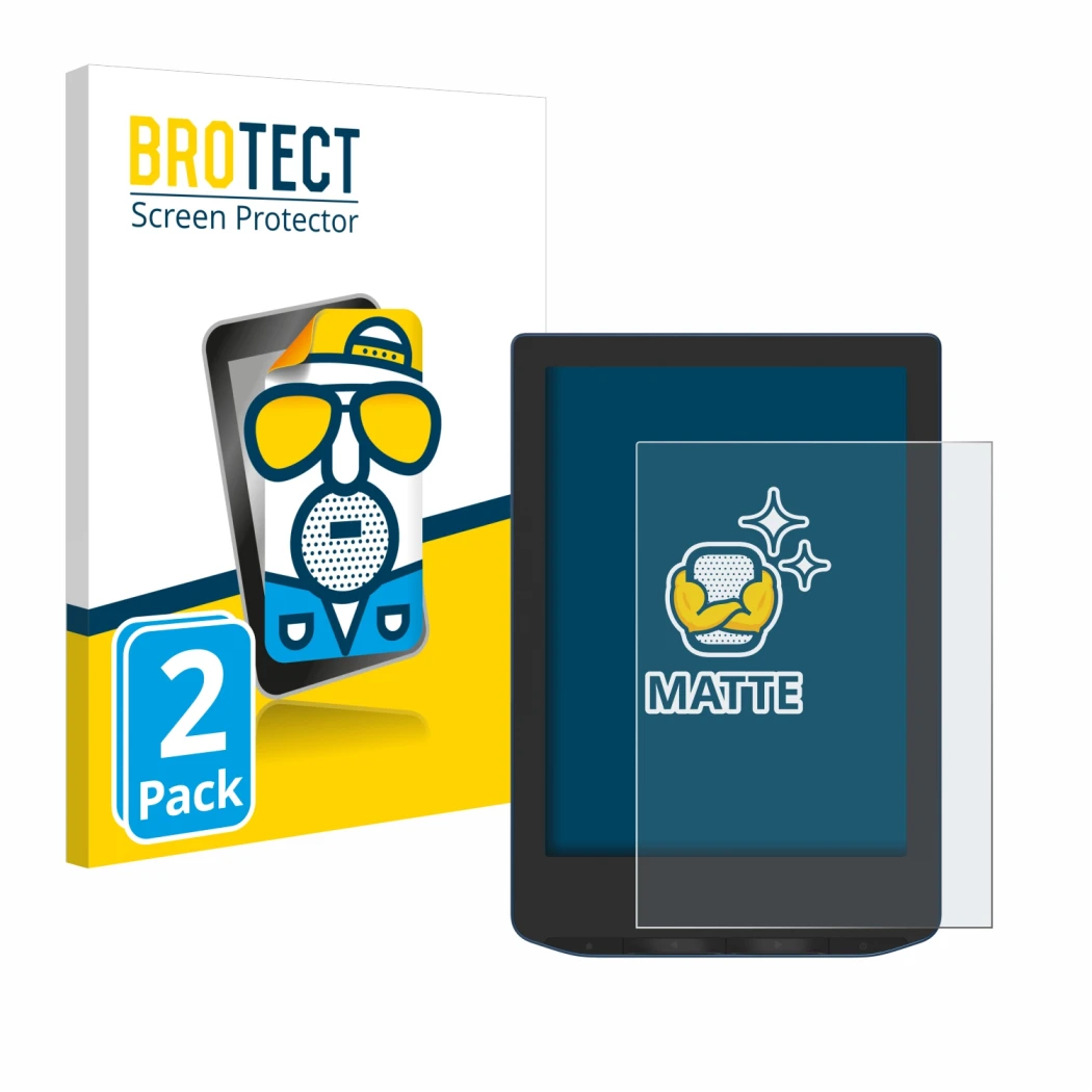 Parte frontal de un envase de producto con el logotipo de la marca BROTECT. Al lado se muestra el dispositivo PocketBook Verse