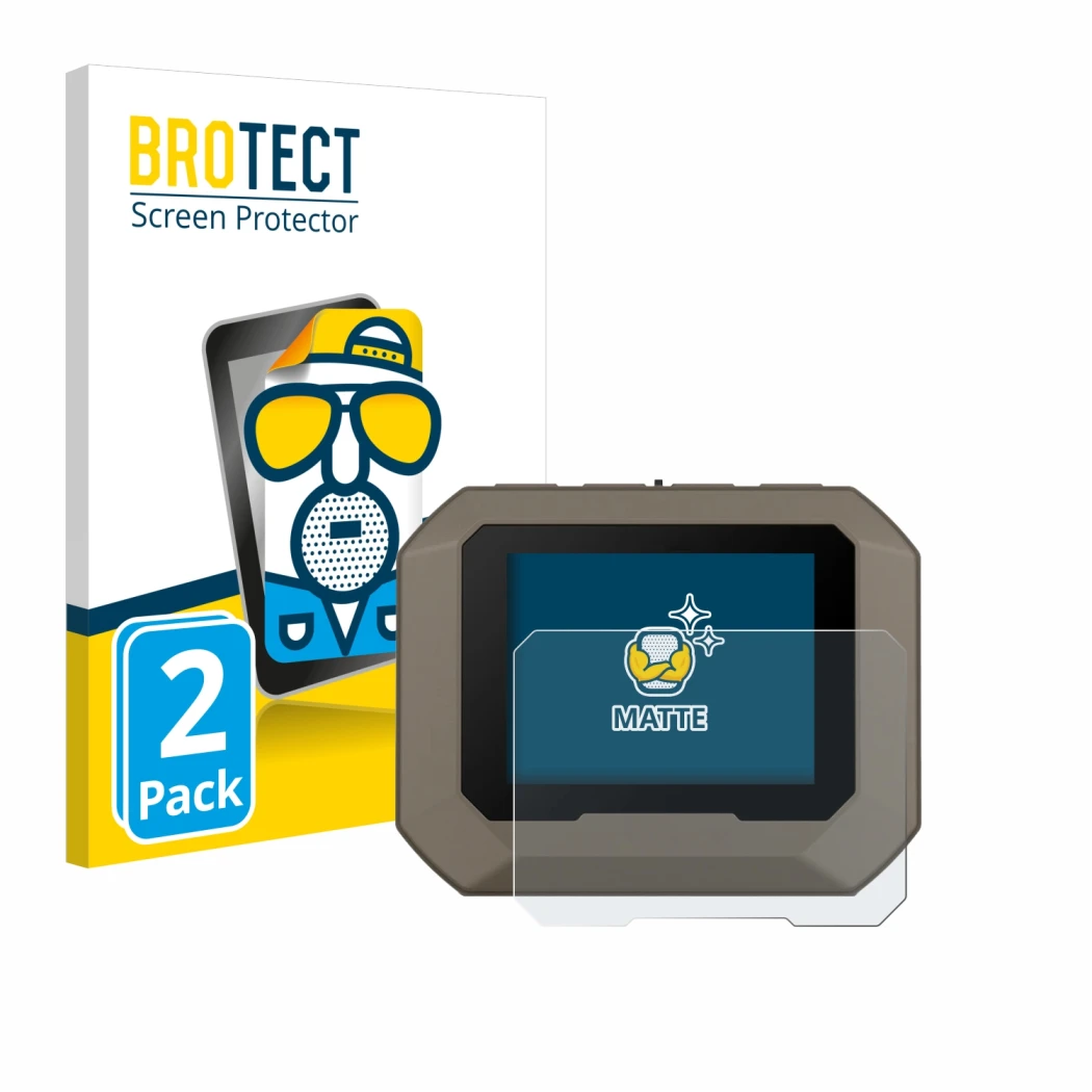 Parte frontal de un envase de producto con el logotipo de la marca BROTECT. Al lado se muestra el dispositivo Garmin Xero C1 P