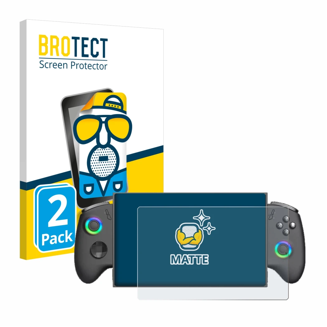 Parte frontal de un envase de producto con el logotipo de la marca BROTECT. Al lado se muestra el dispositivo OneXPlayer X1 Mi