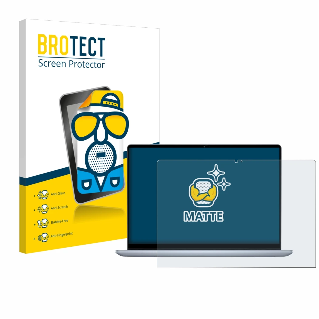 Parte frontal de un envase de producto con el logotipo de la marca BROTECT. Al lado se muestra el dispositivo Dell Inspiron 14