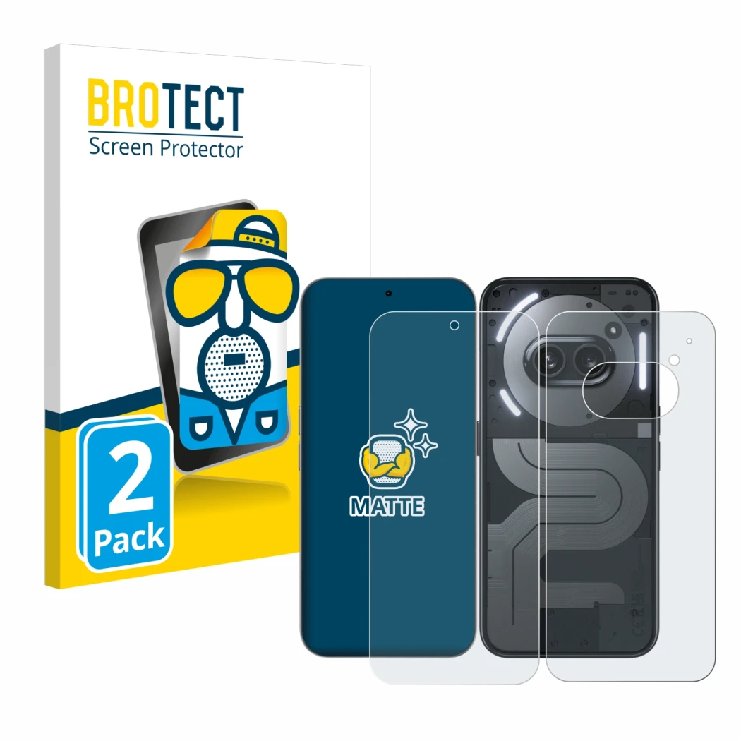 Parte frontal de un envase de producto con el logotipo de la marca BROTECT. Al lado se muestra el dispositivo Nothing Phone (2