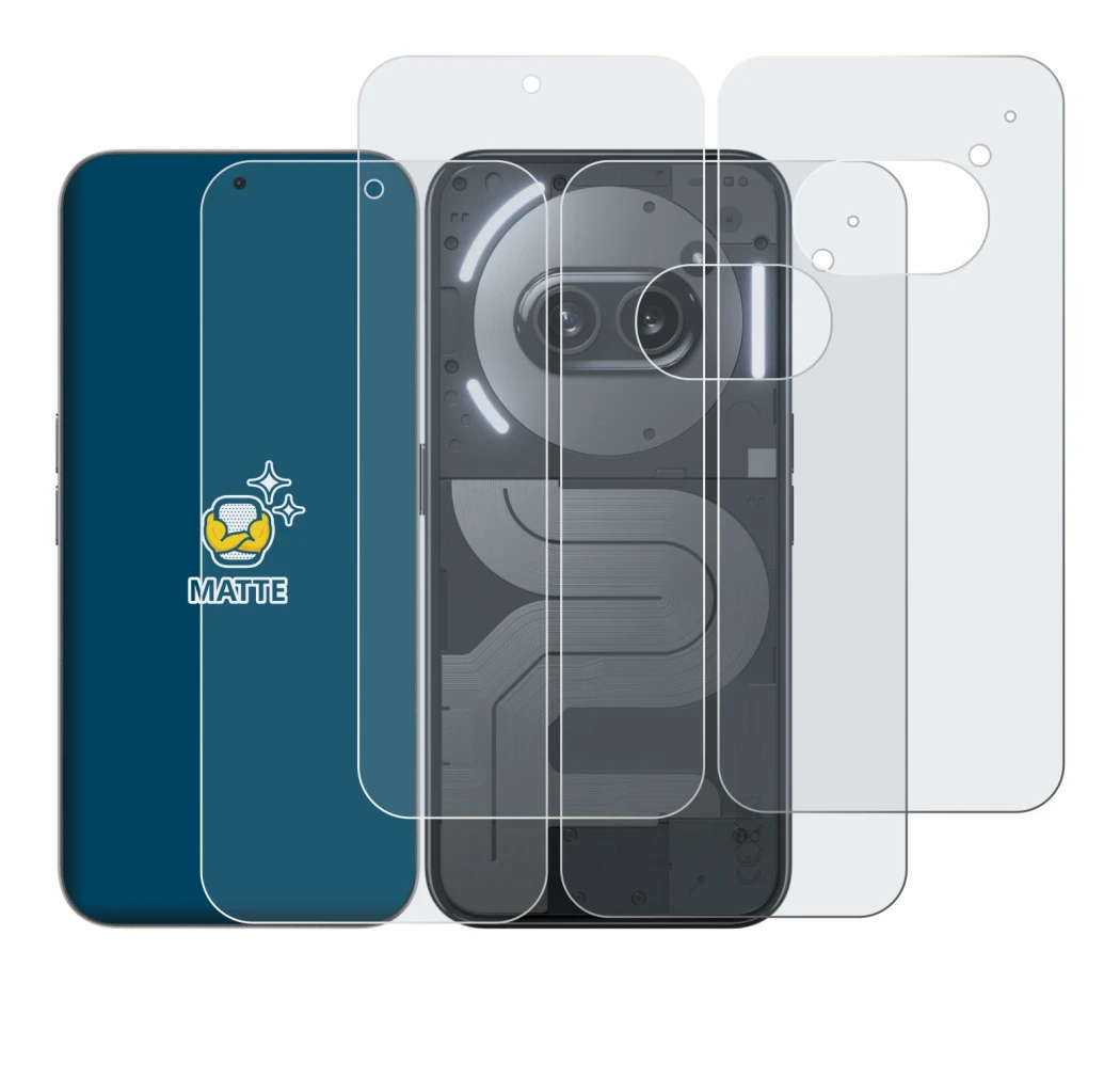 Imagen del dispositivo Nothing Phone (2a) Plus (Frontal+Trasero) con una amplia variedad de protectores de pantalla.