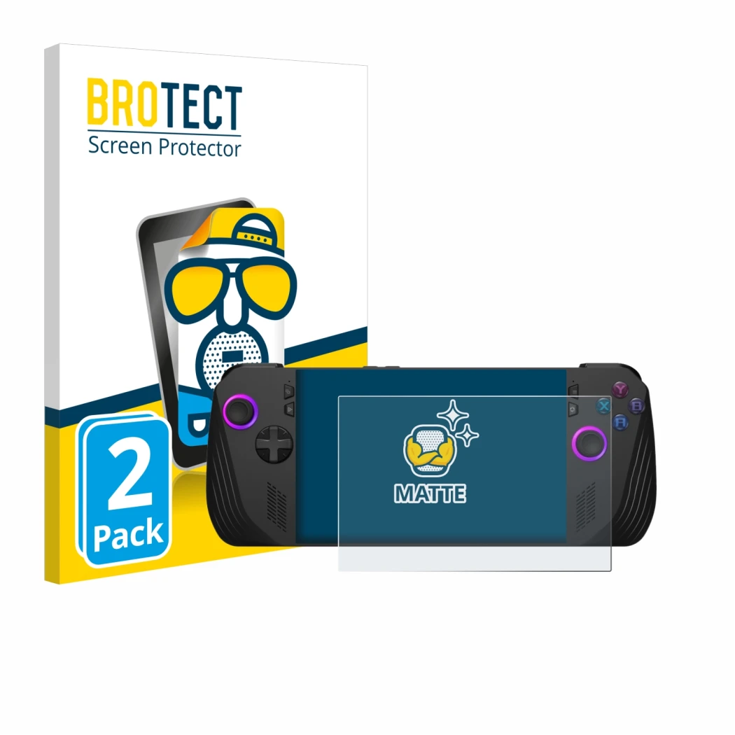 Parte frontal de un envase de producto con el logotipo de la marca BROTECT. Al lado se muestra el dispositivo ASUS ROG Ally X 