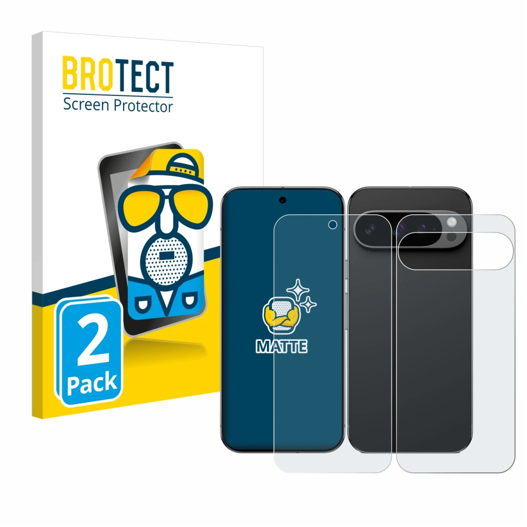 Parte frontal de un envase de producto con el logotipo de la marca BROTECT. Al lado se muestra el dispositivo Google Pixel 9 P