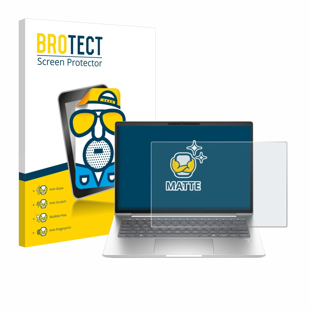 Parte frontal de un envase de producto con el logotipo de la marca BROTECT. Al lado se muestra el dispositivo HP ProBook 440 G