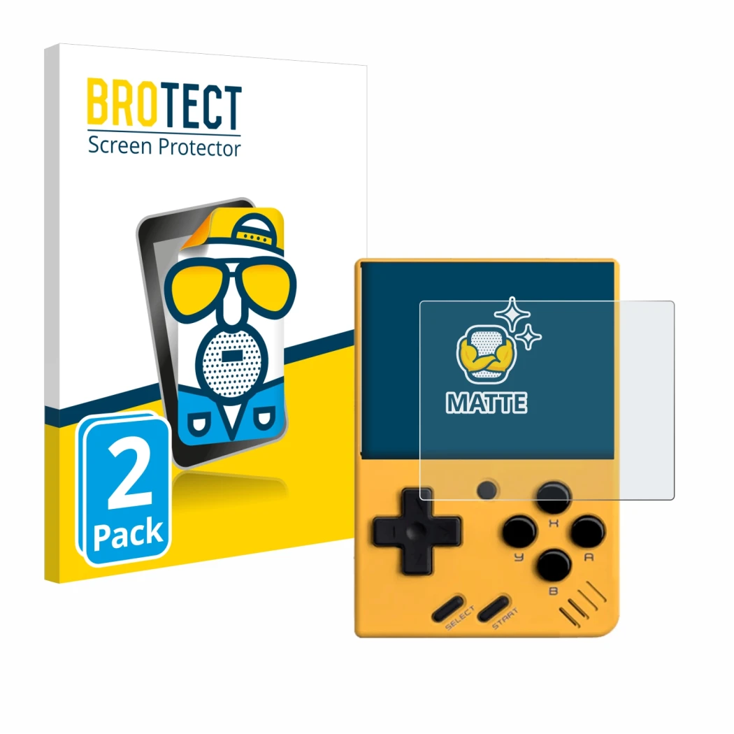 Parte frontal de un envase de producto con el logotipo de la marca BROTECT. Al lado se muestra el dispositivo Miyoo Mini V4 co