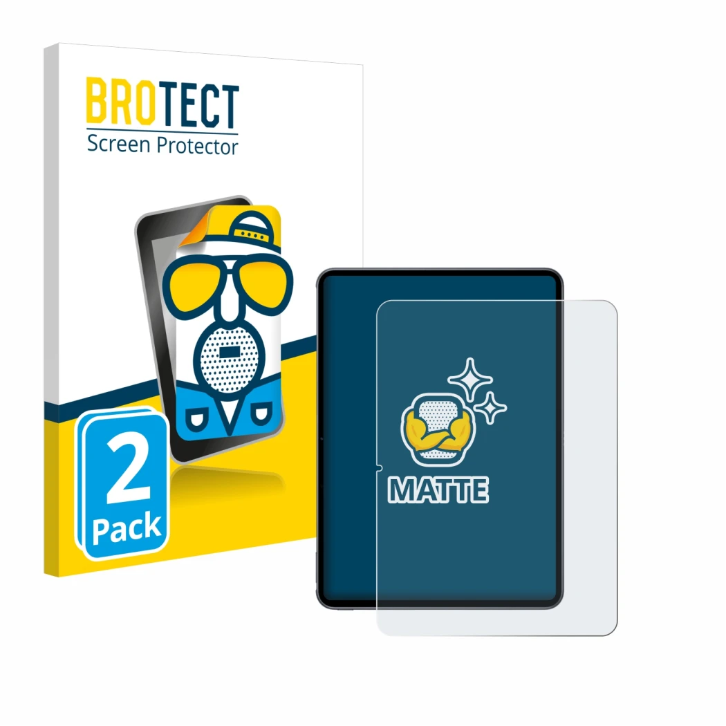 Parte frontal de un envase de producto con el logotipo de la marca BROTECT. Al lado se muestra el dispositivo OnePlus Pad 2 (r