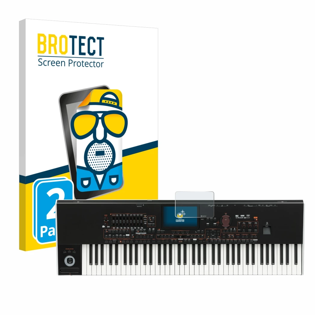 Parte frontal de un envase de producto con el logotipo de la marca BROTECT. Al lado se muestra el dispositivo KORG Pa4x con su