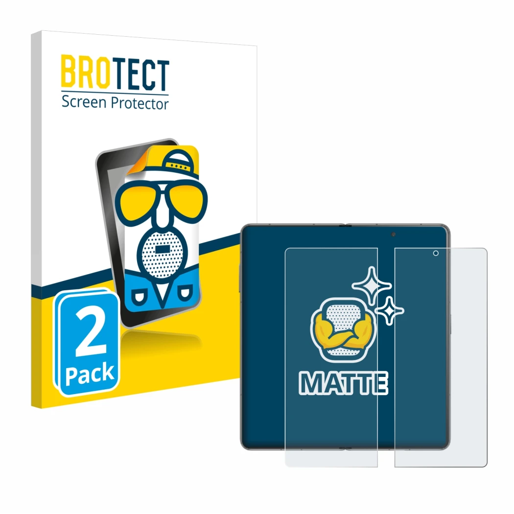 Parte frontal de un envase de producto con el logotipo de la marca BROTECT. Al lado se muestra el dispositivo Honor Magic V3 (