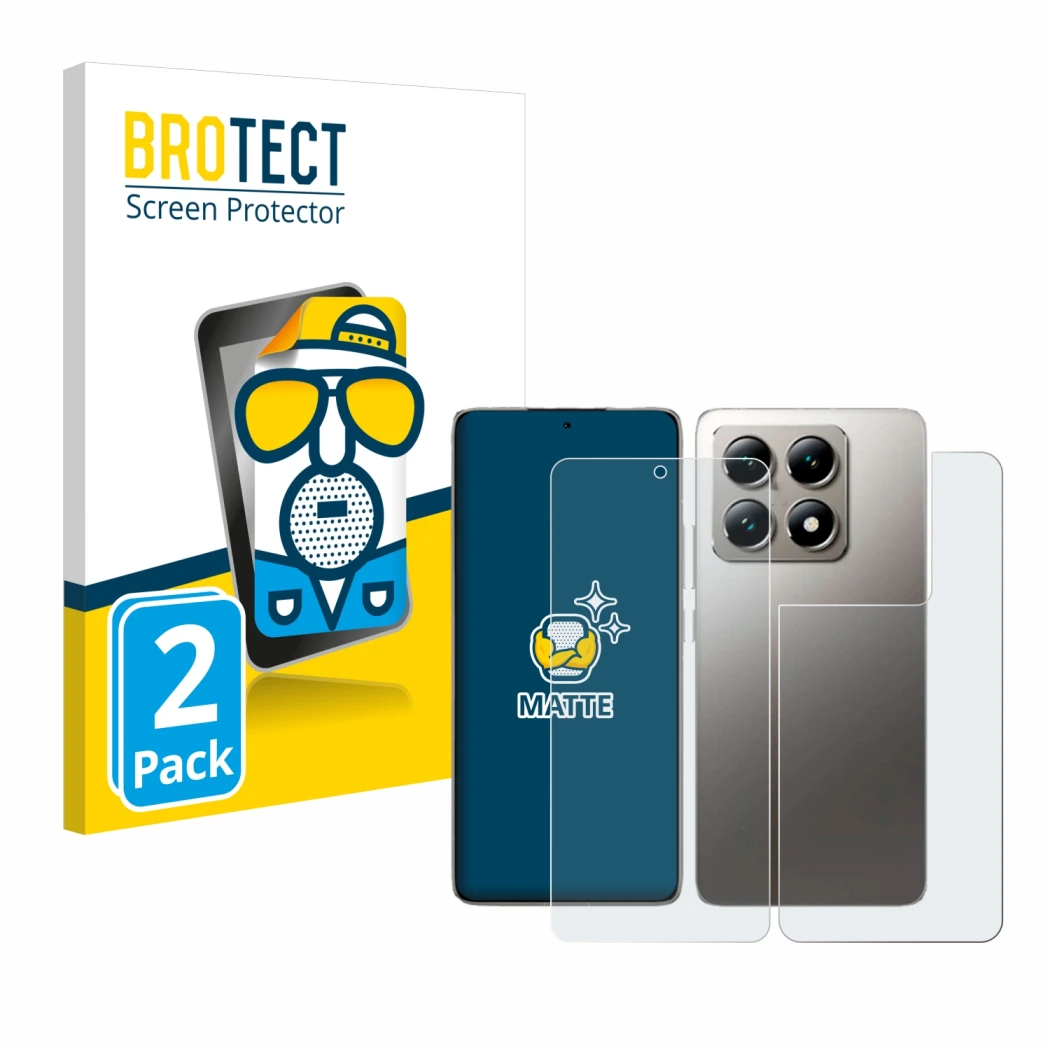 Parte frontal de un envase de producto con el logotipo de la marca BROTECT. Al lado se muestra el dispositivo Xiaomi 14T (Fron