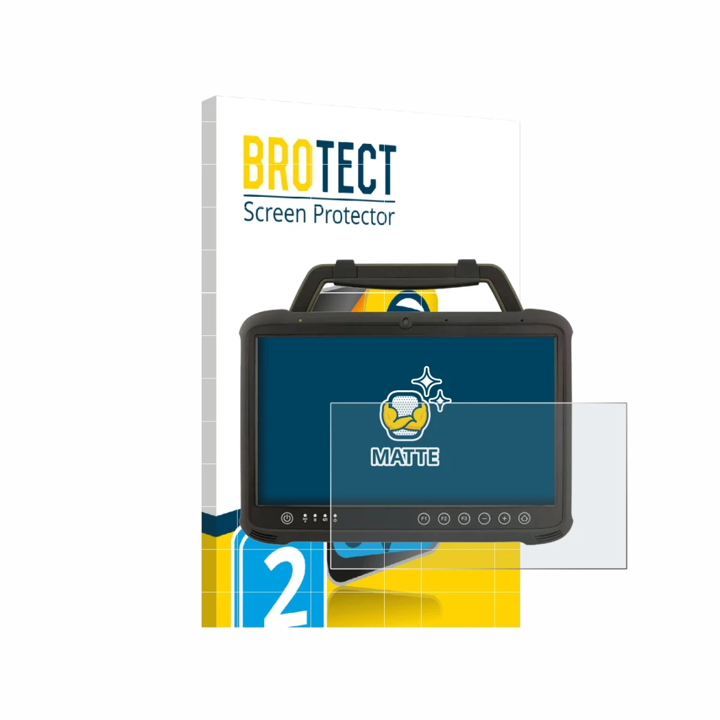 Parte frontal de un envase de producto con el logotipo de la marca BROTECT. Al lado se muestra el dispositivo Winmate M133WK c