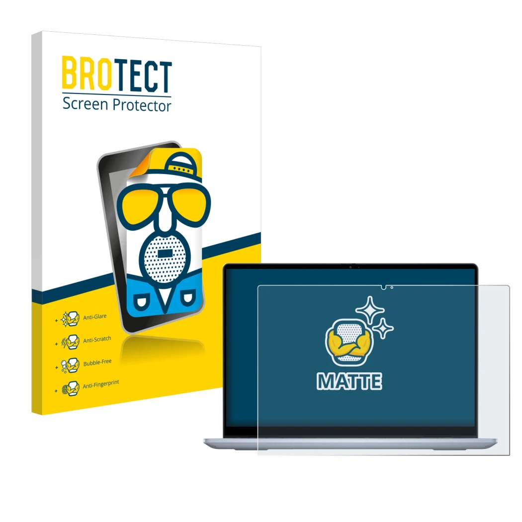 Parte frontal de un envase de producto con el logotipo de la marca BROTECT. Al lado se muestra el dispositivo Dell Inspiron 14