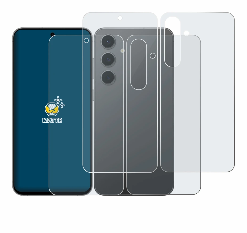 Imagen del dispositivo Samsung Galaxy S24 FE (Frontal+Trasero) con una amplia variedad de protectores de pantalla.