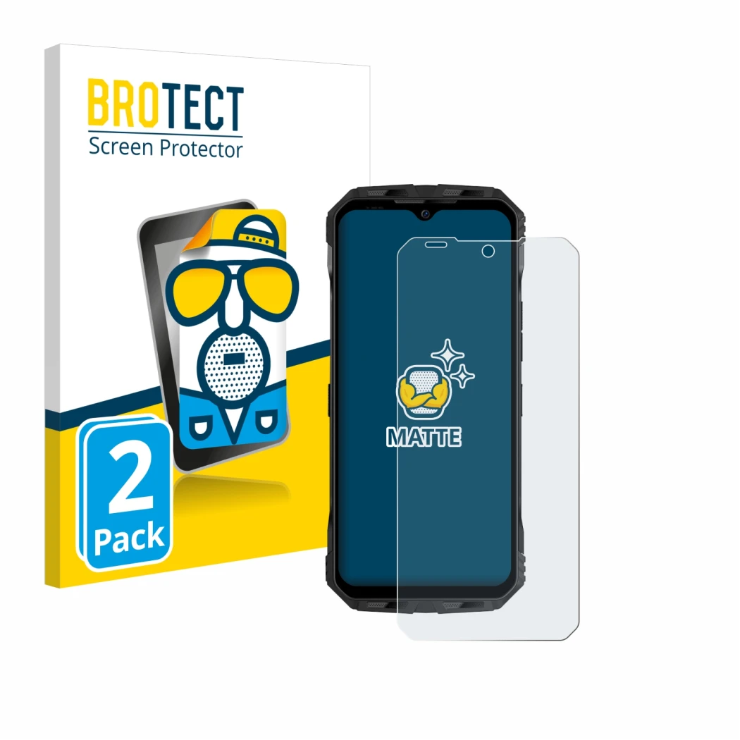 Parte frontal de un envase de producto con el logotipo de la marca BROTECT. Al lado se muestra el dispositivo Doogee V Max Plu